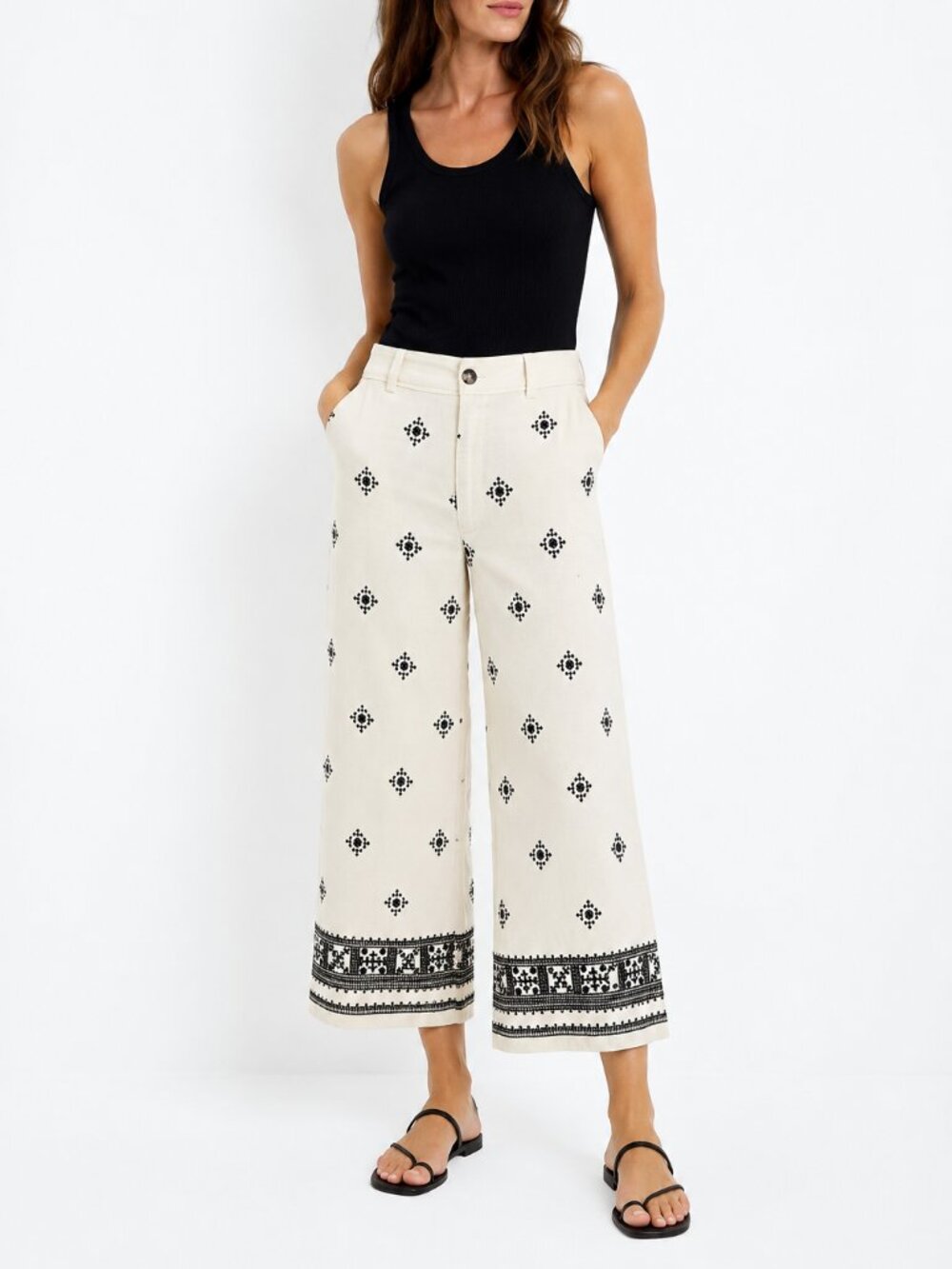 ZARA CREAM BLACK EMBROIDERED CROPPED LINEN PANTS - XS